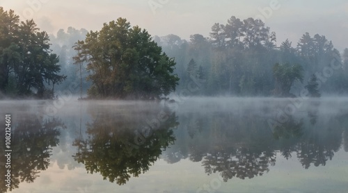 landscape of a calm lake with trees in fog