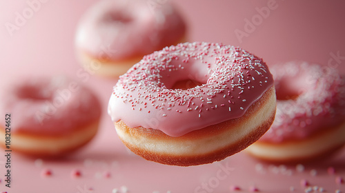 Happy National donut day concept. Donuts with pink icing and sugar sprinkle on pink background.