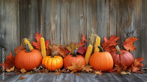 A wooden background with pumpkins, corn, and fall leaves arranged for a festive Thanksgiving or autumn celebration