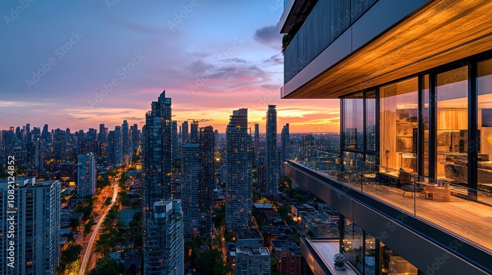 Obraz premium Sunset View from a Modern Balcony overlooking a City Skyline