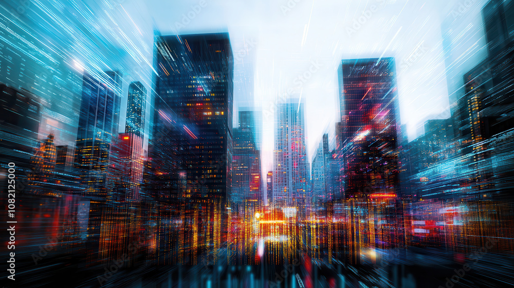 Dynamic city skyline with vibrant lights and abstract motion blur, showcasing urban energy and modern architecture Dynamic city skyline with vibrant lights and abstract motion blur, showcasing urban energy and modern architecture