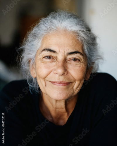 Confident elderly woman with a warm smile embracing graceful aging