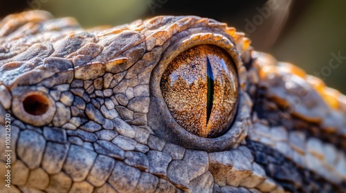 A detailed view of a lizard's eye, highlighting its texture and features photo