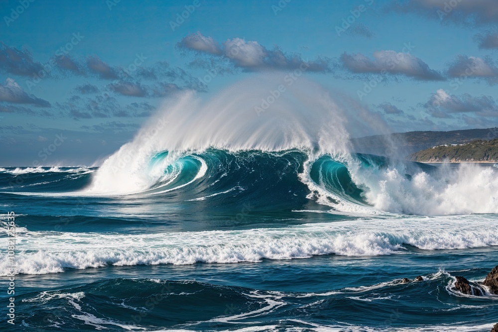 Obraz premium Dynamic Ocean Waves Crashing in Cobalt Waters on Scenic Coastal Landscape