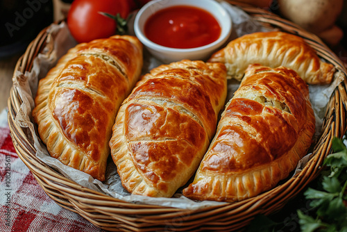 Baked pirozhki stuffed with meat and vegetables.