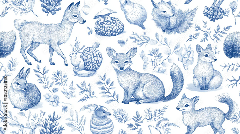 Forest animals seamless pattern. Deer, wolf, fox, boar, squirrel, bear, hare, hedgehog and badger. Hand drawing. Blue and white color. Vintage vector illustration. Forest animals seamless pattern. Deer, wolf, fox, boar, squirrel, bear, hare, hedgehog and badger. Hand drawing. Blue and white color. Vintage vector illustration.