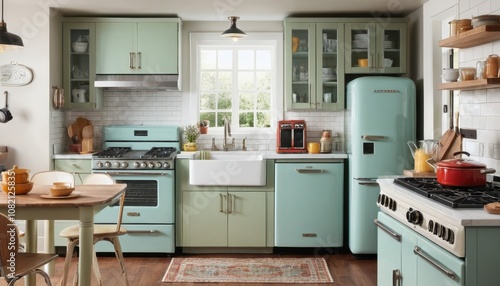 A vintage-inspired kitchen featuring a blend of retro appliances and modern finishes photo