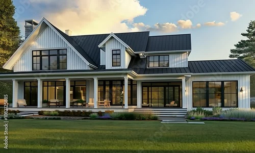 Contemporary farmhouse located on a raised knoll, offering a scenic view of rolling fields, distant hills, and a nearby forest