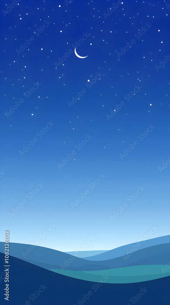 Obraz premium Minimalist night sky scene featuring a subtle crescent moon and twinkling stars above gentle rolling hills in soft hues of blue and green