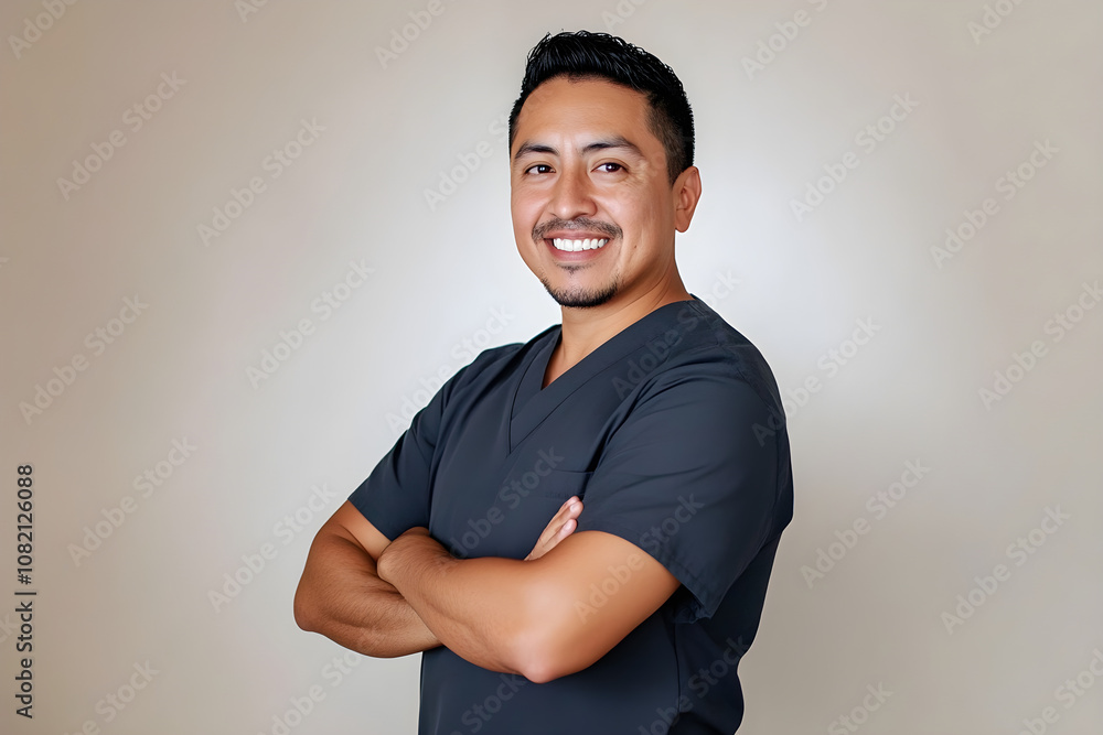A minimalist image of a Hispanic male healthcare professional smiling confidently with arms crossed against a neutral background A minimalist image of a Hispanic male healthcare professional smiling confidently with arms crossed against a neutral background