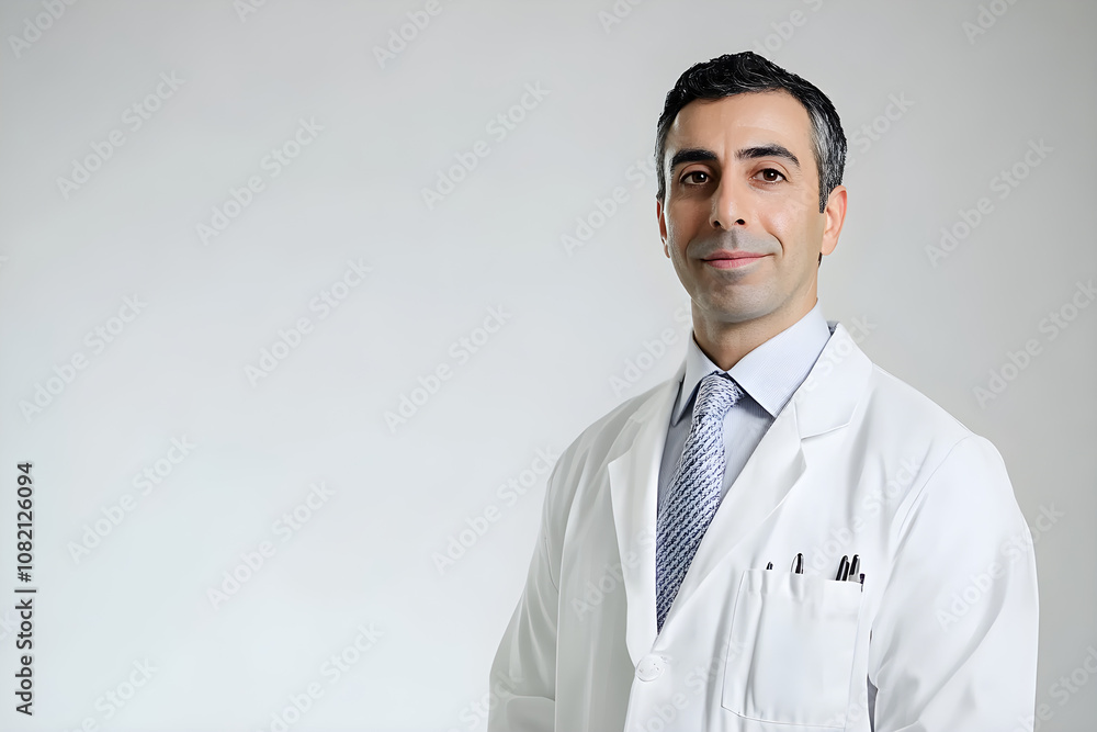 Minimalist portrait of a middle eastern male doctor in a white coat smiling confidently against a neutral background Minimalist portrait of a middle eastern male doctor in a white coat smiling confidently against a neutral background