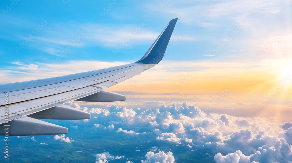 Fototapeta premium Airplane Wing Soaring Over Breathtaking Sunset Sky with Fluffy Clouds