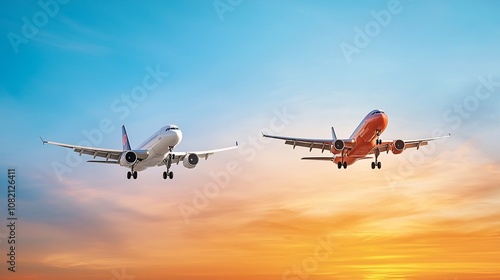 Commercial Airplanes Soaring in Vibrant Sunset Sky