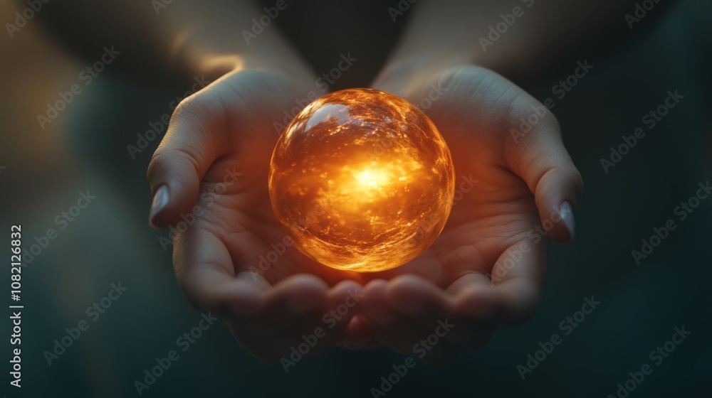 Glowing Orb Held by Open Hands in Darkness Glowing Orb Held by Open Hands in Darkness