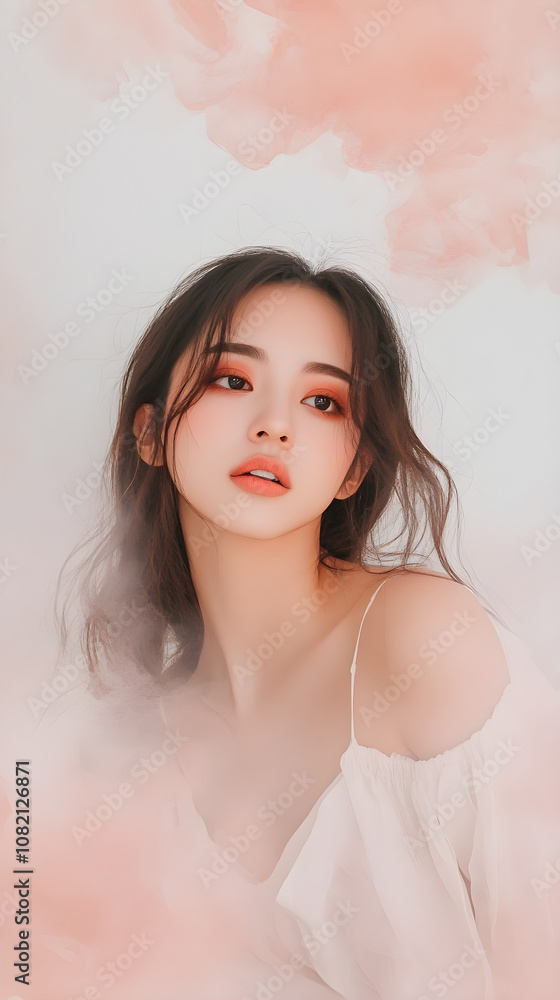 Soft watercolor brush strokes in pastel shades blend with a serene portrait of a young Asian woman, radiating calm and beauty in a dreamy aesthetic Soft watercolor brush strokes in pastel shades blend with a serene portrait of a young Asian woman, radiating calm and beauty in a dreamy aesthetic