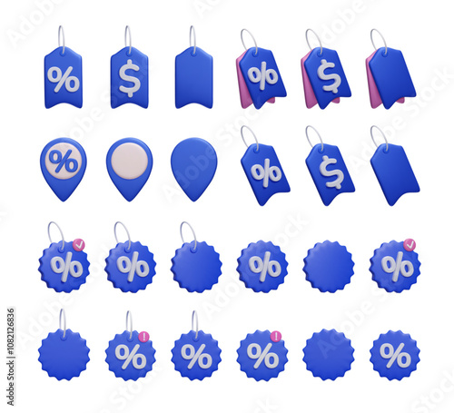  Big bundle of blue 3D discount price tags icon set. Promo special offer label, dollar price tag, discount voucher, percent sign sale shopping sticker 3d render vector icon set isolated on white.