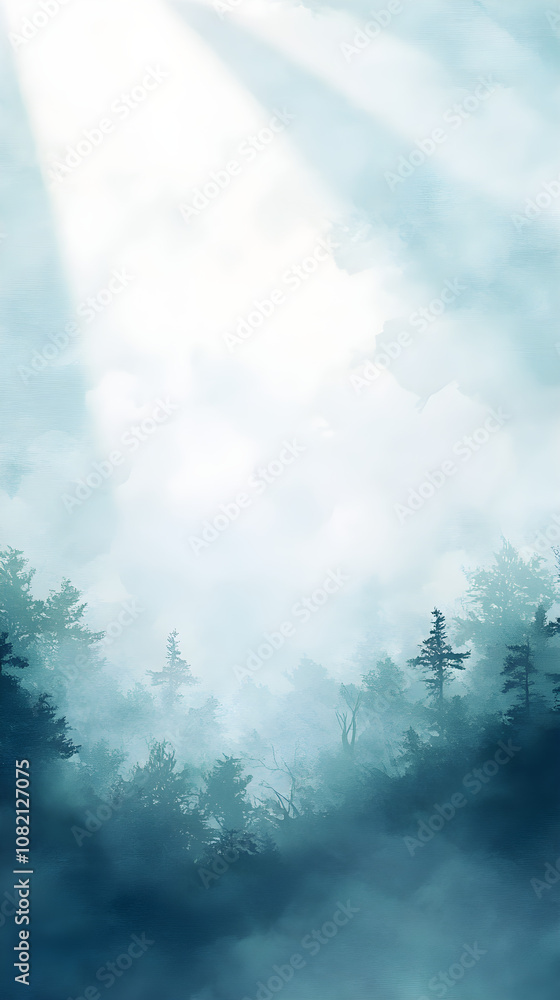 Sunbeam breaking through soft fog over a quiet forest creating a serene and mystical atmosphere Sunbeam breaking through soft fog over a quiet forest creating a serene and mystical atmosphere