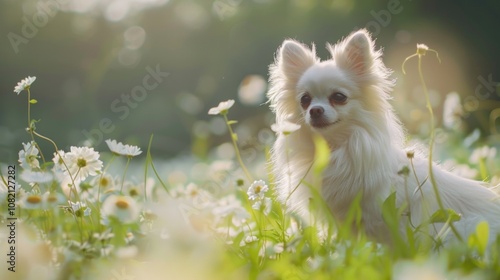 Adorable Small White Dog Surrounded by Beautiful Wildflowers in a Soft Sunny Meadow, Capturing a Moment of Joy and Serenity in Nature