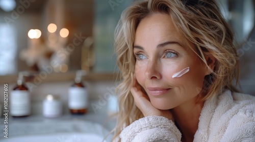 Attractive mid age older adult 50 years old blonde woman wears bathrobe in bathroom applying nourishing antiage face skin care cream treatment, looking at mirror doing daily morning beauty routine photo