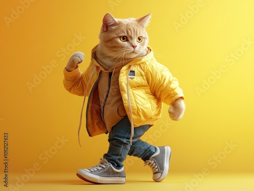 Playful Ginger Cat in Stylish Fashion Outfit Strolling Against Bright Yellow Background, Showcasing Humor and Whimsy in Creative Pet Photography photo