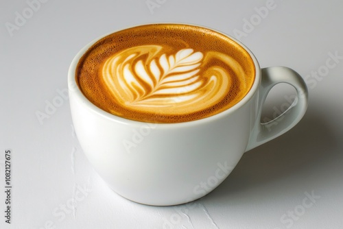 A cup of coffee with a creative leaf design on the side