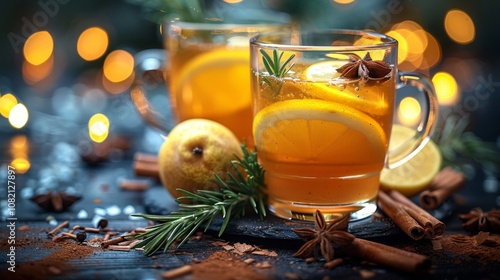 Winter season. Hot drink cocktail for New Year, Christmas, winter or autumn holidays..Toddy. Mulled pear cider or spiced tea or grog with lemon, pear, cinnamon, anise, cardamom, rosemary. photo