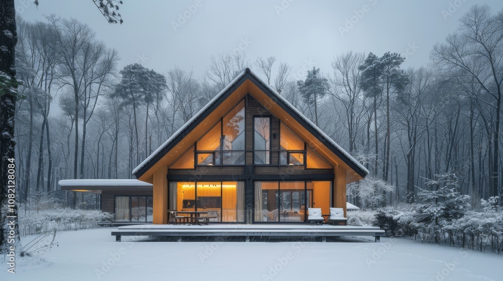 Winter season. Modern A-frame house cabin in middle of a forest in winter season with house covered in snow - Winter season. Modern A-frame house cabin in middle of a forest in winter season with house covered in snow -