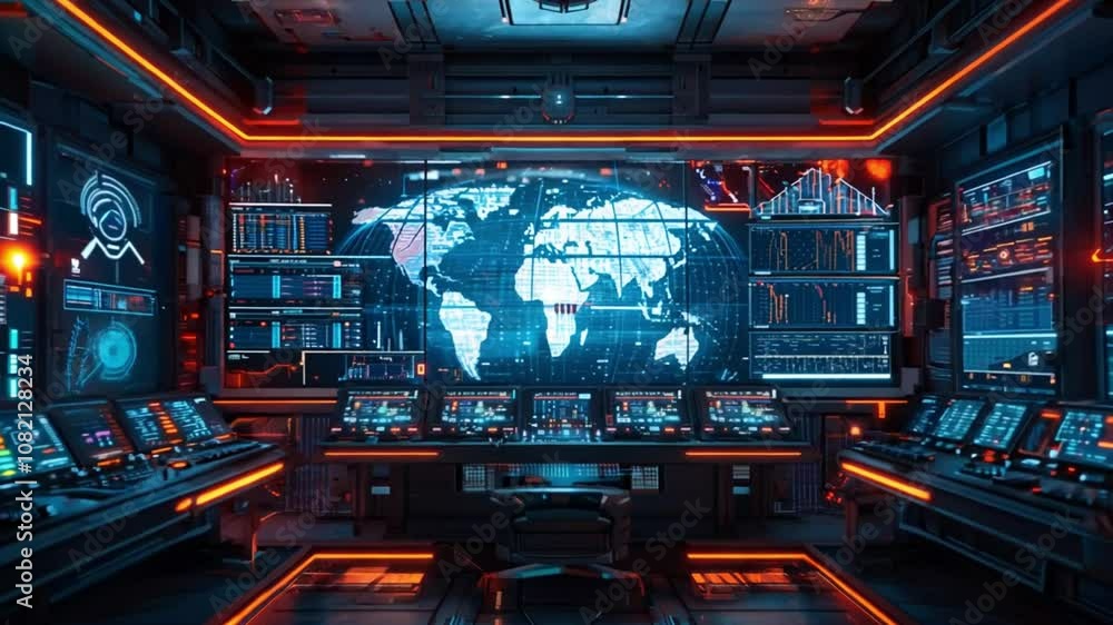 High-tech command center with a large world map and digital interfaces. High-tech command center with a large world map and digital interfaces.