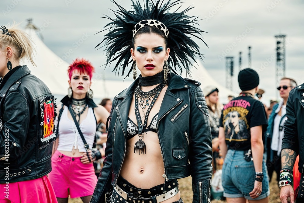 Obraz premium Eclectic Punk Fashion Icon in Leather Jackets and Statement Accessories for Edgy Music Festival Poster