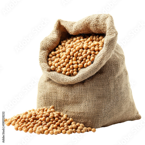 High-Resolution Image of Soybeans Pouring from a Sack on a White Background Ideal for Agricultural, Nutritional, and Organic Farming Promotions