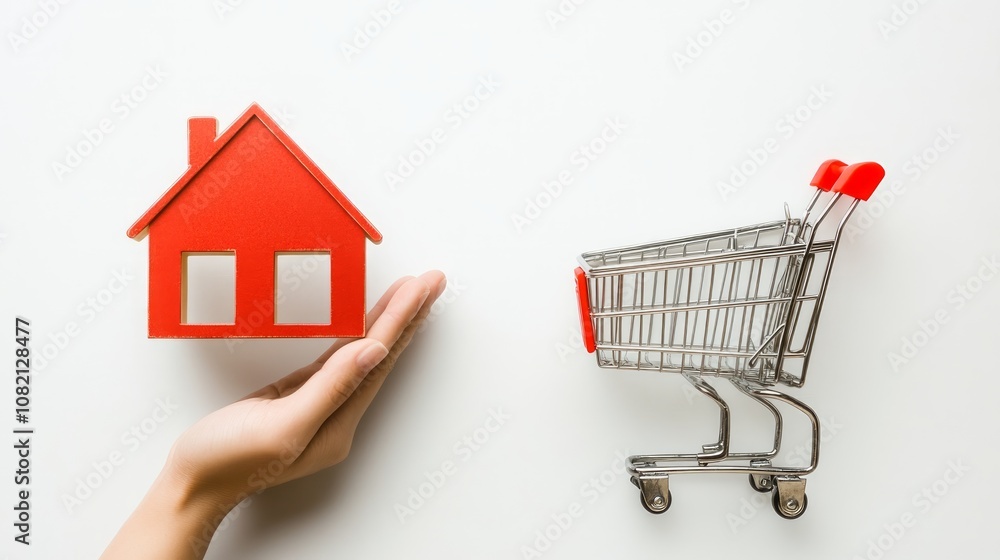 A hand holding a miniature red house with a shopping cart on a white background. A hand holding a miniature red house with a shopping cart on a white background.
