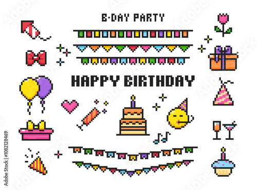 Birthday 8 bit icons collection, pixel birthday party. Happy Birthday celebration pixel art, set present: balloons, pie, gifts, fireworks, cake, garland.