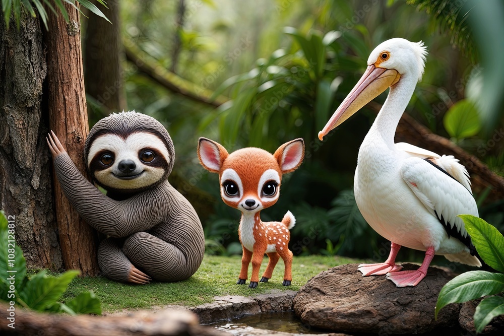 Obraz premium Adorable Tiny Cartoon Animals Featuring Sloth Fawn and Pelican in Natural Settings