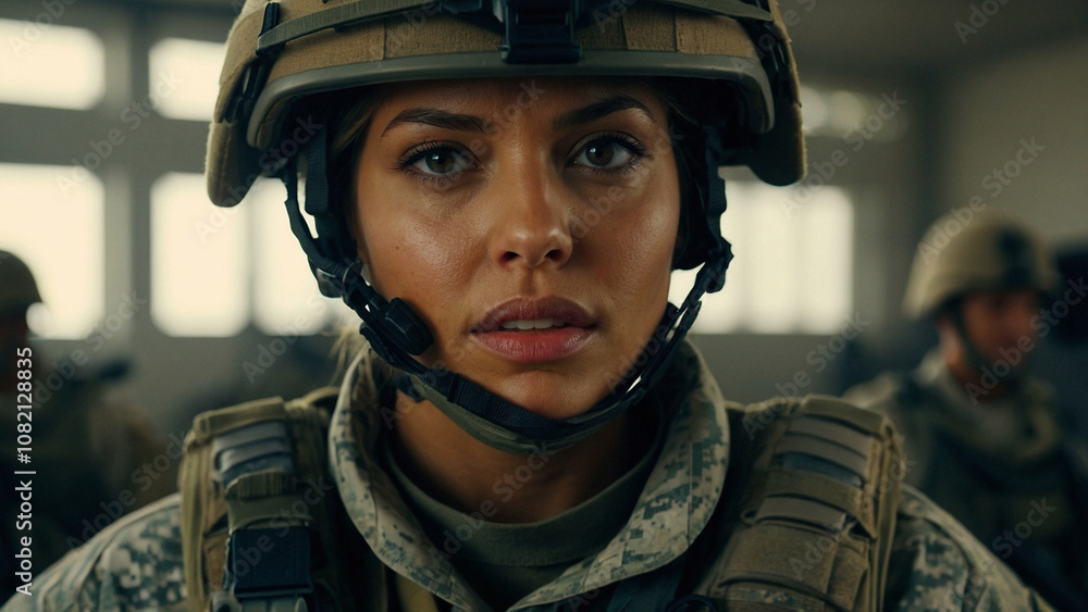 Closeup portrait of woman soldier in the army staring intensely Closeup portrait of woman soldier in the army staring intensely