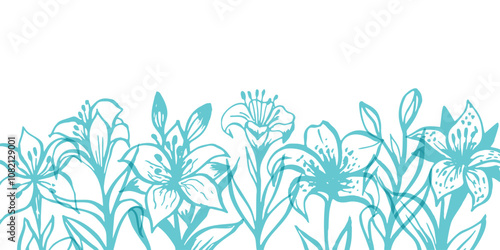 Lillies floral border. Horizontal down divider, blue color. Easter or  religion funeral decoration element.