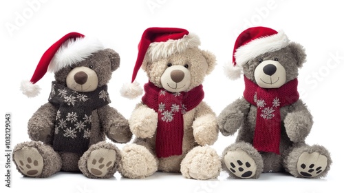 Adorable Teddy Bears in Santa Hats and Scarves Posed on a White Background photo