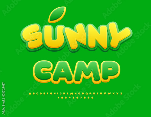 Vector recreational emblem Sunny Camp with Vector recreational emblem Sunny Camp with creative Alphabet Letters and Numbers set. Decorative Alphabet Letters and Numbers set.