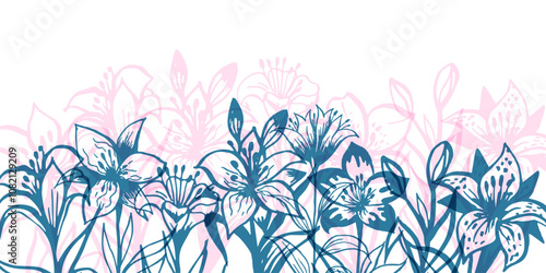 Lillies floral border. Colorful horizontal down divider. Easter or  religion funeral decoration element.