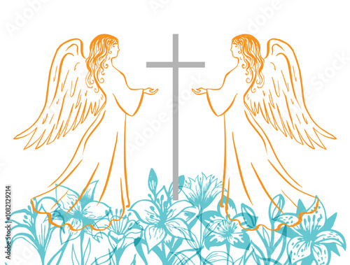 Angels with holy cross and border from blue lillies. Easter, religion or funeral vector illustration.