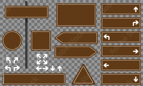 Set of various brown road sign shapes on checkered background. Blank signs for customized text or symbols. Vector illustration, EPS10