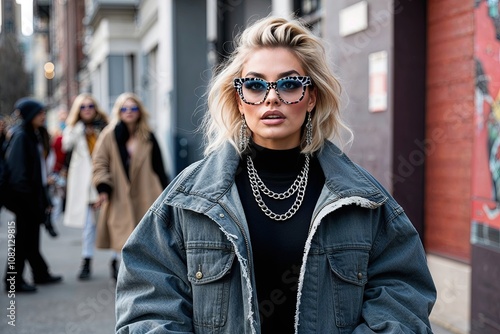 Glamorous Woman Rocks 90s Grunge Style with Oversized Jacket and Funky Glasses