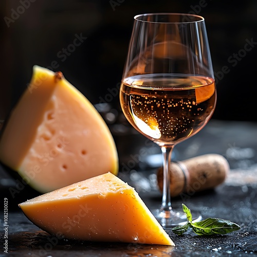 Glass of Rose Wine, Cheese, and Basil on Dark Background.