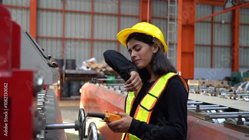 exhaustion Indian engineer woman control machinery in industrial manufacturing factory. tired India worker female using hand wipe away the sweat