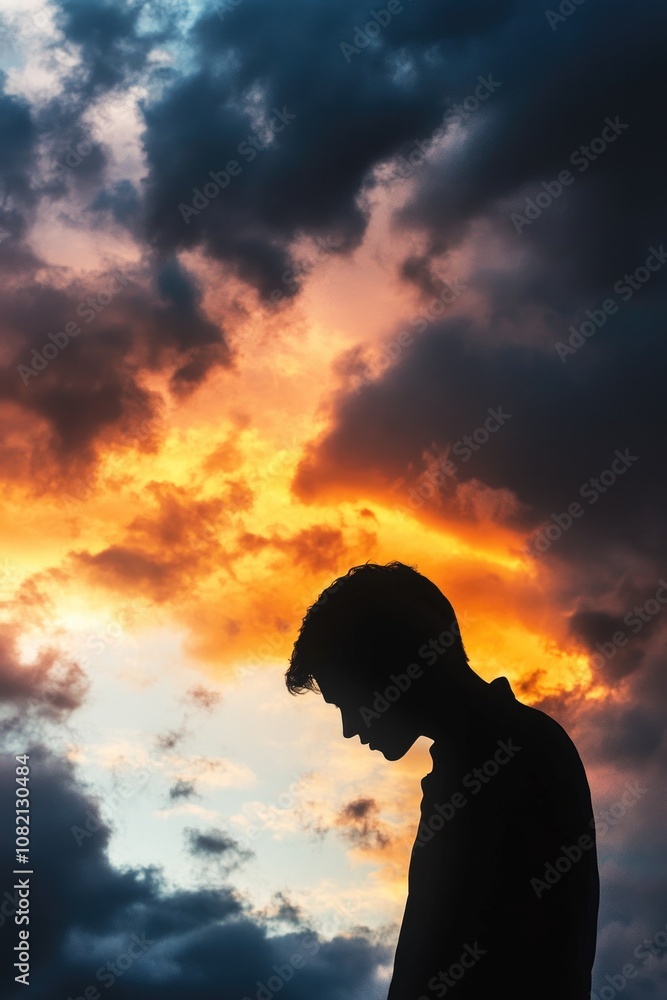 A person standing alone, looking out at the cloudy sky A person standing alone, looking out at the cloudy sky