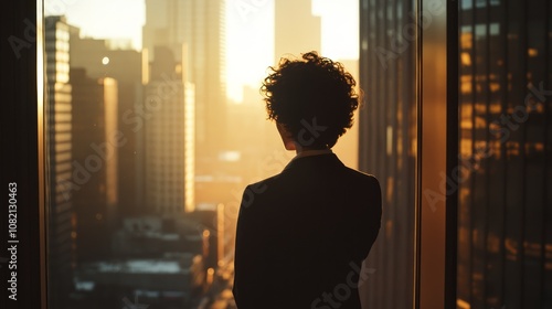 A silhouette of a person looking out a window at the city skyline during a sunrise.