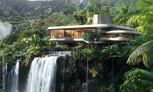 Luxurious futuristic villa on the edge of a volcanic crater, with an infinity pool and advanced climate control, featuring a panoramic view of a lush tropical rainforest with cascading waterfalls photo