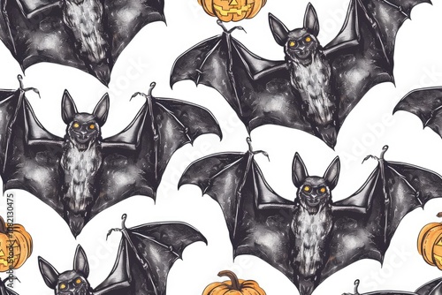 A group of bats flying near pumpkins on a white background photo