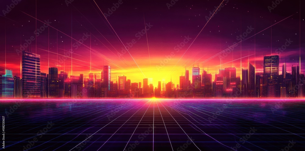 Vibrant Sunset Over Futuristic City Skyline with Neon Lights and Grid Patterns, Creating a Captivating Atmosphere of Innovation and Technology Vibrant Sunset Over Futuristic City Skyline with Neon Lights and Grid Patterns, Creating a Captivating Atmosphere of Innovation and Technology