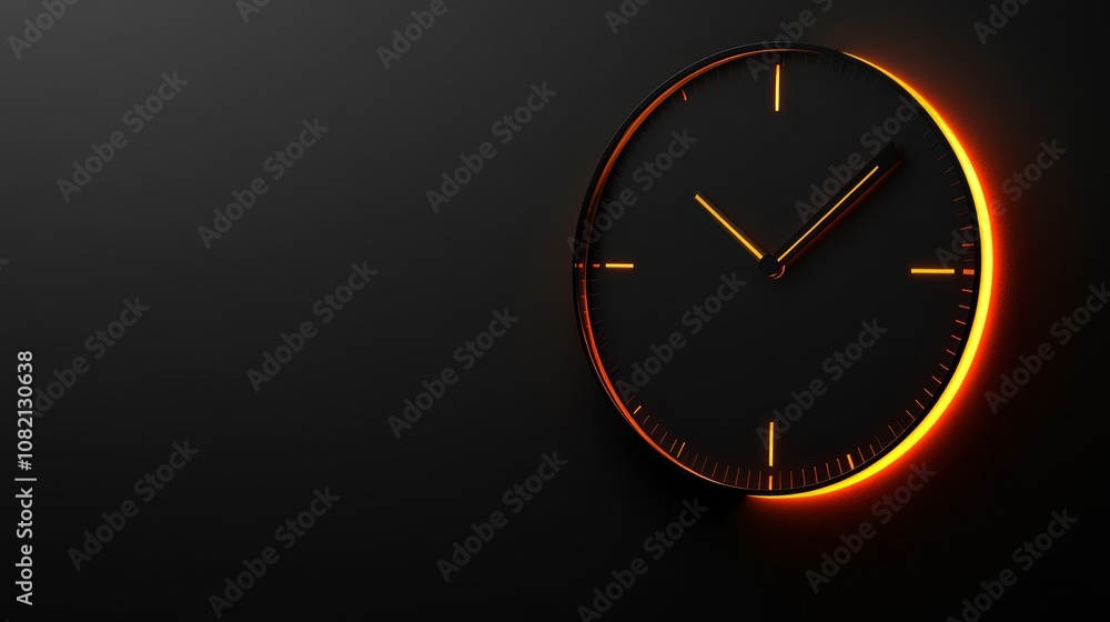 A simple black clock with orange glow on a black background. A simple black clock with orange glow on a black background.