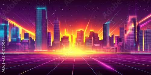 Vibrant Retro Futuristic Cityscape at Sunset with Neon Colors and High-Rise Buildings Illuminated by a Stunning Glow of Orange and Purple Hues